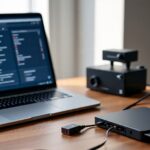 Raspberry Pi setup as a DNS server on a desk with network cables and a laptop showing DNS dashboard